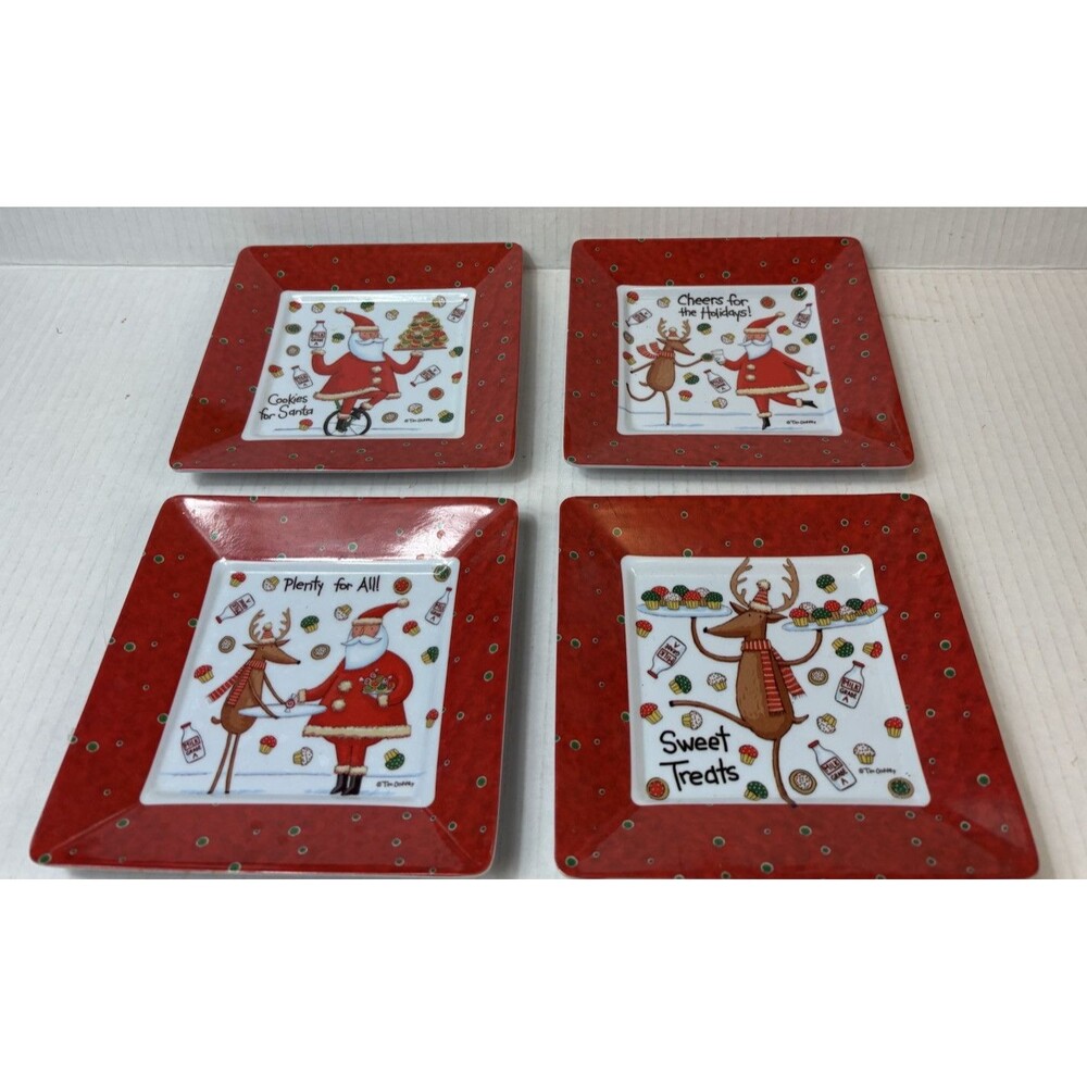 Set Of 4 Tim Coffey Plastic Christmas Dessert Snack Plates 6” Square